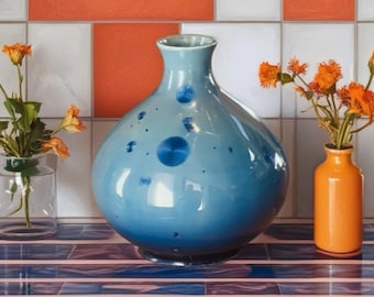 Blue Pottery Vase Modern High Gloss  Signed Al Tyrrell New Mexico for Centerpiece Display Blue Vase Pot For Collection New Mexican Pottery