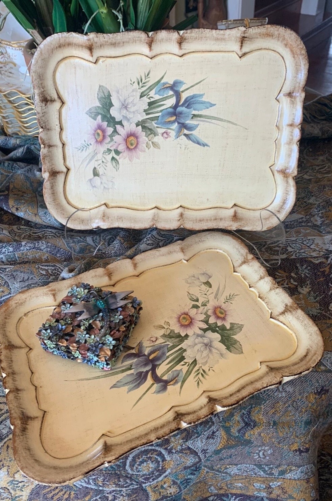 Small Cream Dresser Trays Vintage Painted Wooden Floral Tray Etsy