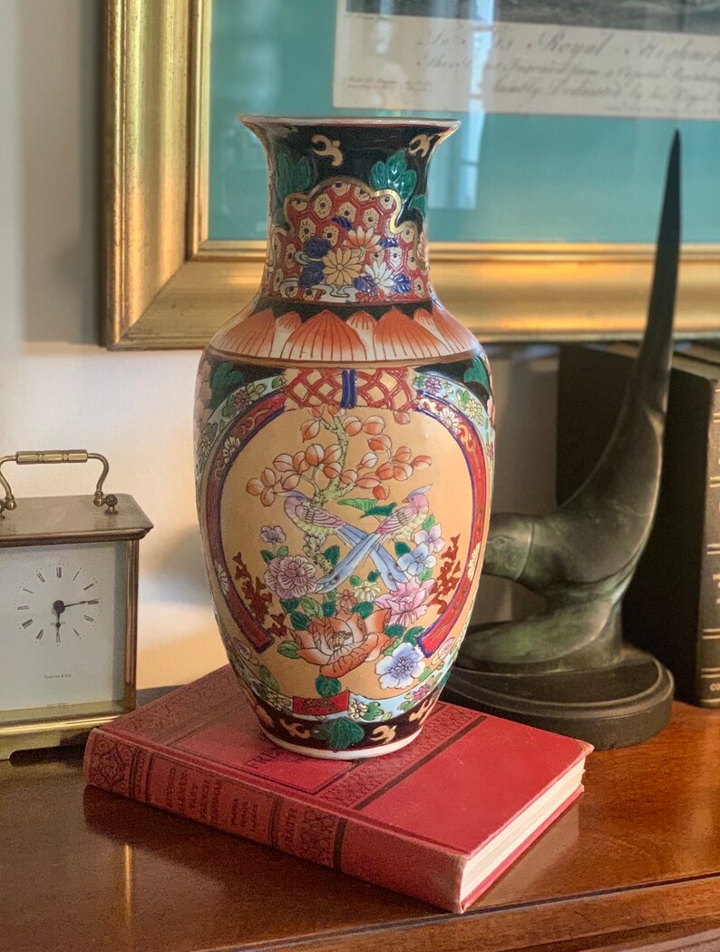 Large Chinese Vintage Vase Dining Table Centerpiece Chinese Traditional Vase W/colorful Detailed
