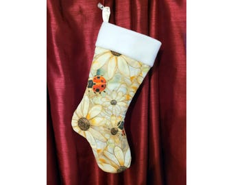 Stained Glass Ladybug and Flowers Christmas Stocking - Customizable