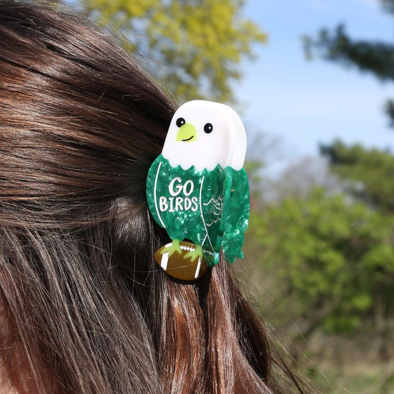 May include: A hair clip featuring a white and green eagle design, with the words "GO BIRDS" and a football. The clip is attached to brown hair. The eagle has a white head, green wings, and a brown football.