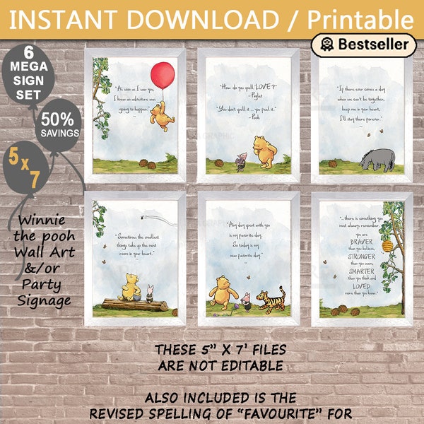 5X7 Classic Winnie the Pooh Quotes / 6 print set/ Instant Download  / Wall Art / Birthday / Baby Shower / Nursery / Blue / Decor