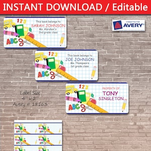 School Themed Book Label / Instant Download & Editable / Teacher / Student  / Back to School  / Girl / Boy / Tag / Labels