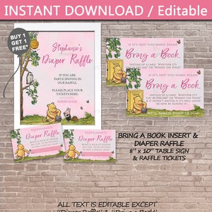 Classic Pooh Diaper Raffle Insert & Sign plus Bring a Book Insert / INSTANT DOWNLOAD/  Baby Shower / Girl / Classic Winnie the Pooh / Insert
