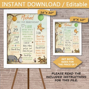 Retro Classic Winnie the Pooh MILESTONE BOARD / Instant Download & Editable / 1st Birthday / Milestone Poster / sign / signage / large