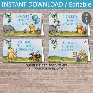 Classic Winnie the Pooh Food Tents / Instant Download & Editable / Name / Party / Labels / Blue / Baby Shower / Birthday / Place / PRINTABLE