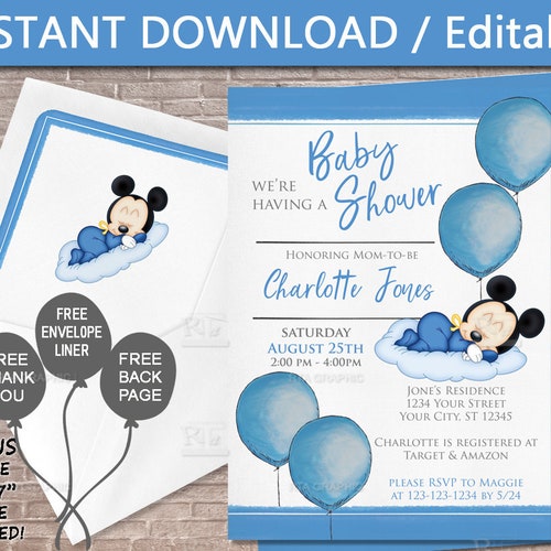Mickey Mouse Baby Shower Invitation Baby Boy. Editable Etsy