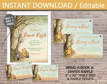 Retro Classic Pooh Bring a book + Diaper Raffle Insert and Sign / INSTANT DOWNLOAD / Baby Shower / Girl Boy / Winnie the Pooh / Classic Pooh