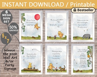 5X7 Classic Winnie the Pooh Quotes / 6 print set/ Instant Download  / Wall Art / Birthday / Baby Shower / Nursery / Blue / Decor