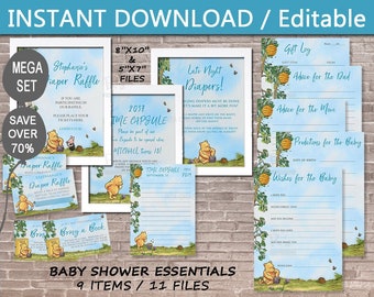 UPDATED! Classic Winnie the Pooh Baby Shower Package / Instant DOWNLOAD EDITABLE / book / diaper raffle / advice / Blue / games /