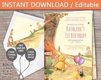 NEW! Country Classic Winnie the Pooh BIRTHDAY Invite / Instant Download Editable / Invitation / Thank you / GIRL / first birthday