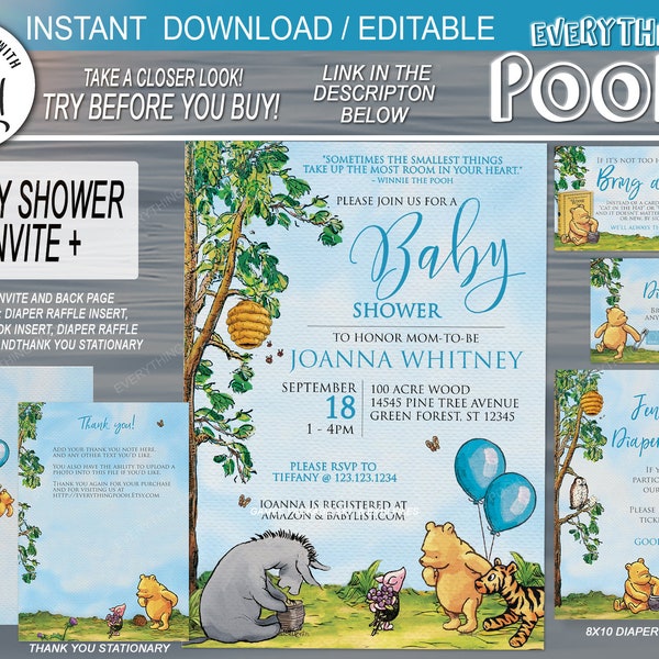 Classic Winnie the Pooh Baby Shower Invite / Instant Download  & Editable / Baby shower Invitation /  blue /  boy /  girl /  PRINTABLE