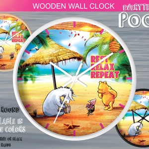 Winnie the Pooh Wall Clock TROPICAL Theme  (&quot;Rest Relax Repeat&quot;) Nursery Bedroom Decor / Baby Shower Gift For college gift summer clock