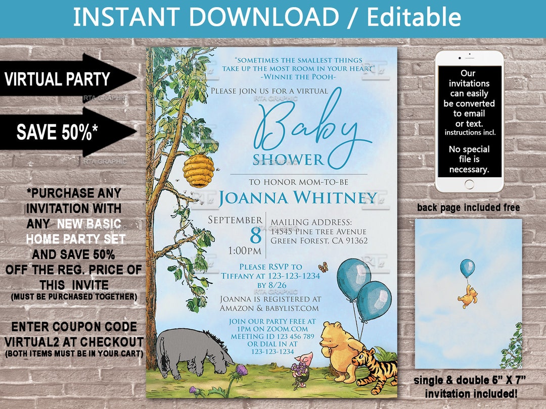 VIRTUAL Classic Winnie the Pooh Baby Shower Invite / Instant Etsy