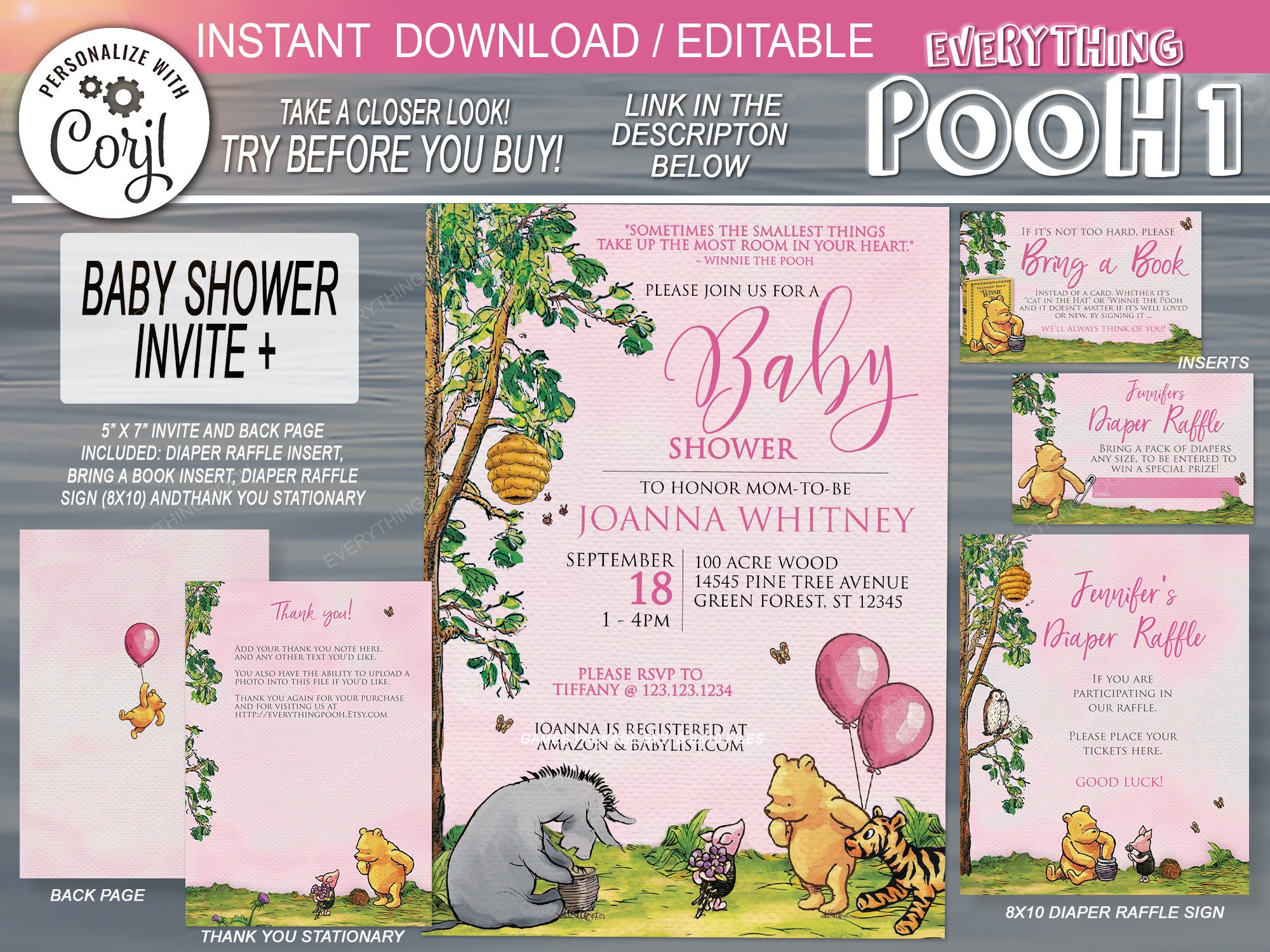 Classic Winnie the Pooh BABY SHOWER  Invitation Pink / Instant Download  & Editable  Shower invite girl boy invitation Pooh Bear FRIENDS