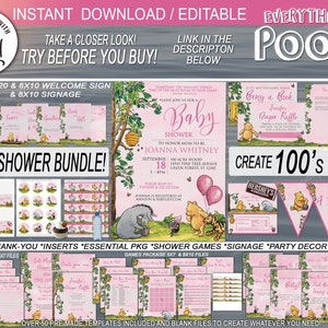 Classic Winnie the Pooh Invitation Bundle PINK FRIENDS Digital Download Editable Printable Baby Shower Package Invite Editable Template