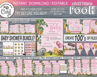 Classic Winnie the Pooh Invitation Bundle PINK FRIENDS Digital Download Editable Printable Baby Shower Package Invite Editable Template
