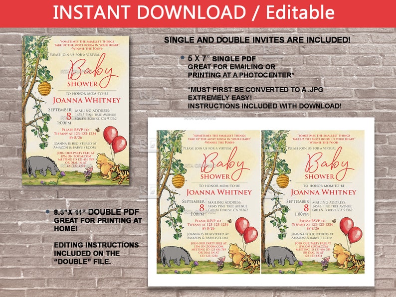 VIRTUAL Classic Winnie the Pooh Baby Shower Invite / Instant Etsy