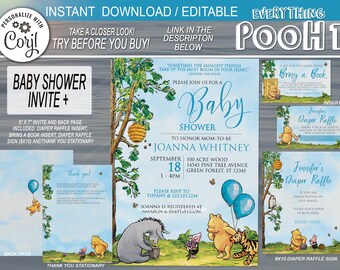 Classic Winnie the Pooh BABY SHOWER  Invitation Blue / Instant Download  & Editable  Shower invite girl boy invitation Pooh Bear FRIENDS