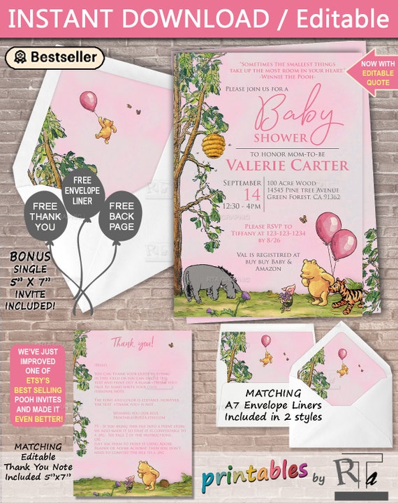 Classic Winnie The Pooh Baby Shower Invite Instant Download Etsy