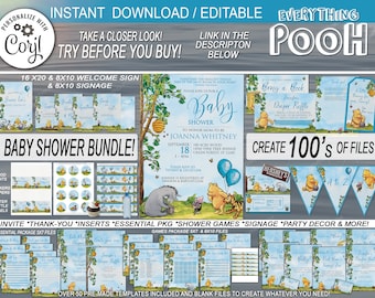 Classic Winnie the Pooh Invitation Bundle BLUE FRIENDS Digital Download Editable Printable Baby Shower Package Invite Editable Template