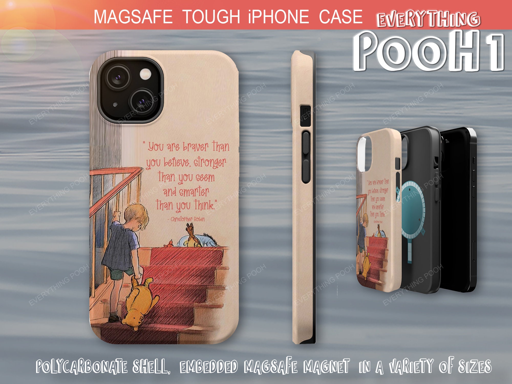 Winnie the Pooh iPhone Case STAIRS Pooh Quote ("You are braver ...") MagSafe Tough Case 13 iPhone 14 Baby Shower Gift for mom friendship
