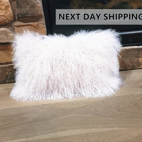 12"x20" Mongolian Lamb Fur Pillow Bleached White / Tibetan Sheepskin Cushions / Decorative Fur Pillows, Home Decor , Curly Fur, Gift For Her