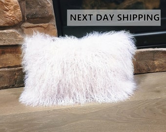 12"x20" Mongolian Lamb Fur Pillow Bleached White / Tibetan Sheepskin Cushions / Decorative Fur Pillows, Home Decor , Curly Fur, Gift For Her