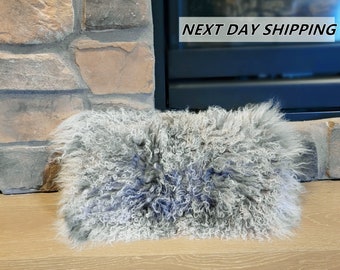 9"x17" Mongolian Lamb Fur Pillow Grey Frost / Tibetan Sheepskin Pillows / Decorative Fur Pillows / Home Decor / Curly Fur Pillows