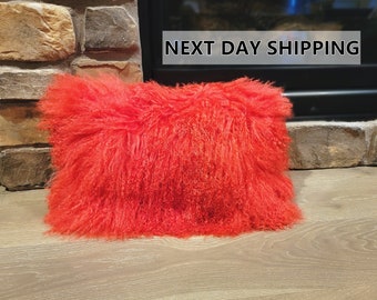 12"x20" Mongolian Lamb Fur Pillow Red / Tibetan Sheepskin Cushions / Decorative Fur Pillows, Home Decor , Curly Fur, Gift For Her