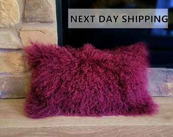 12"x20" Mongolian Lamb Fur Pillow Wineberry / Tibetan Sheepskin Cushions / Decorative Fur Pillow Cover, Home Decor , Curly Fur, Gift For Her