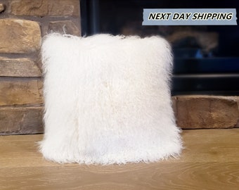 DOUBLE SIDED 20"x20" Mongolian Lamb Fur Pillow Bleached White / Tibetan Sheepskin Pillows / Decorative Fur Pillows / Home Decor / Curly Fur