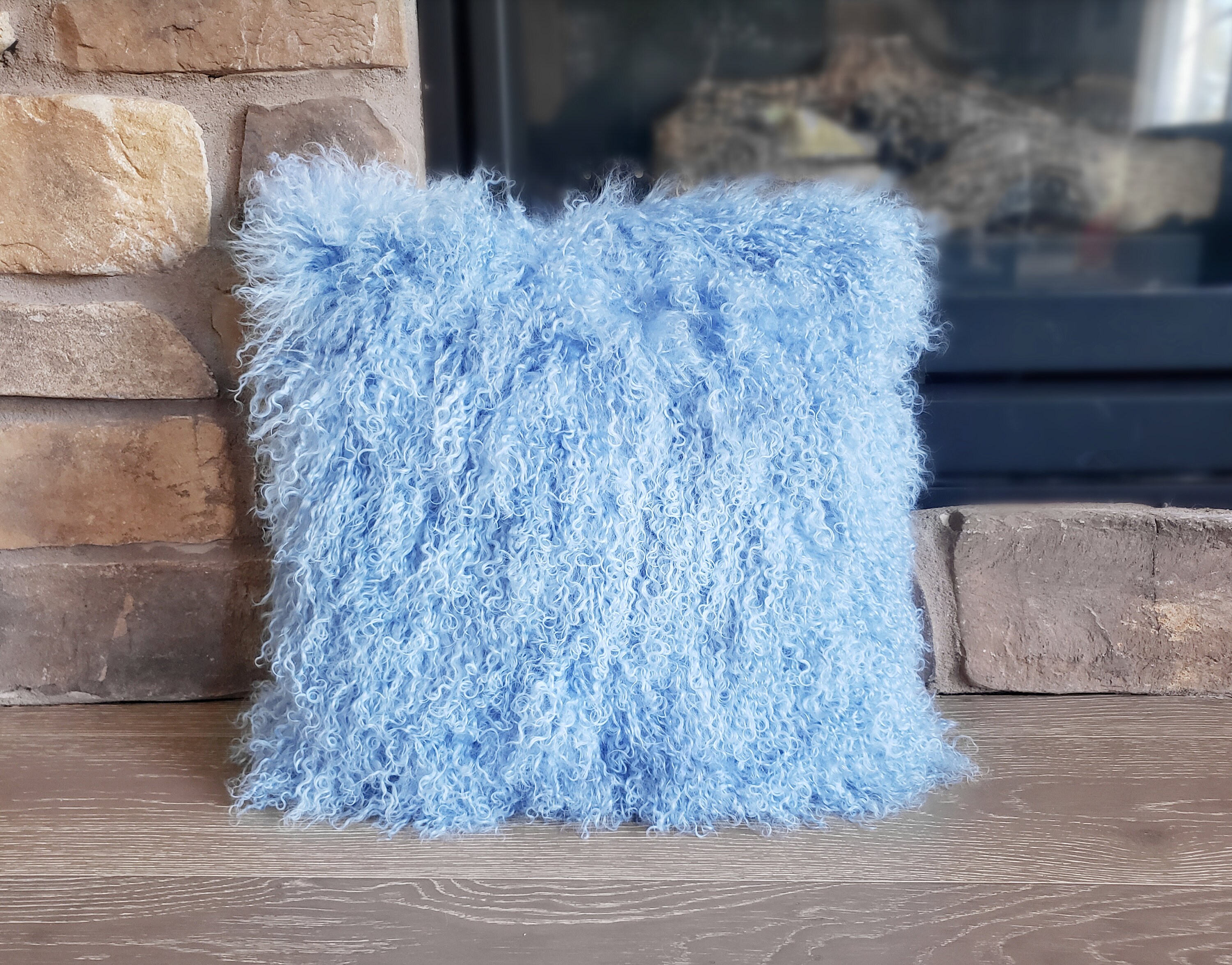 Navy mongolian top fur pillow