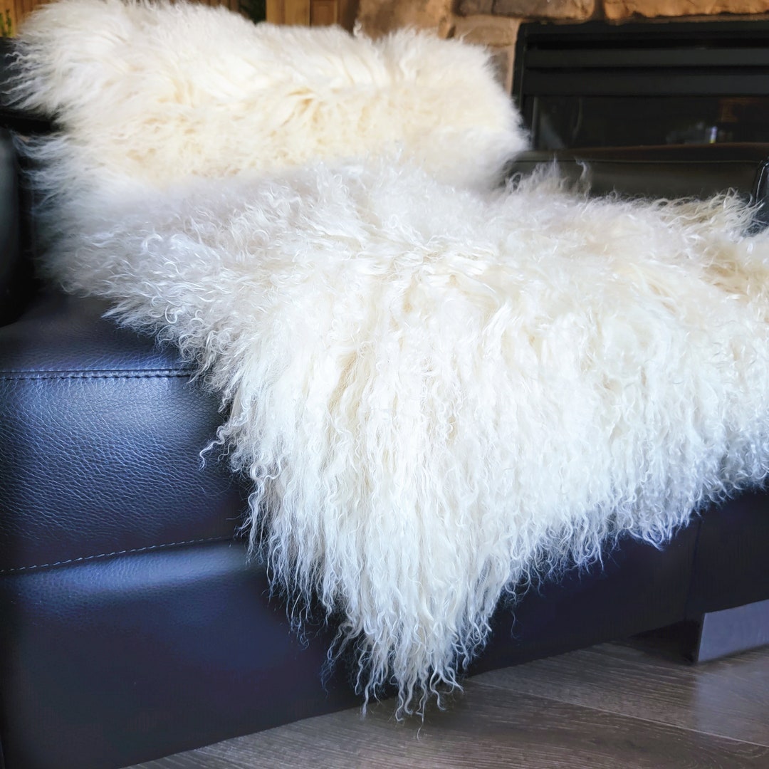 Tibetan Mongolian Lamb Fur Throw Natural White / Sheepskin / Fur