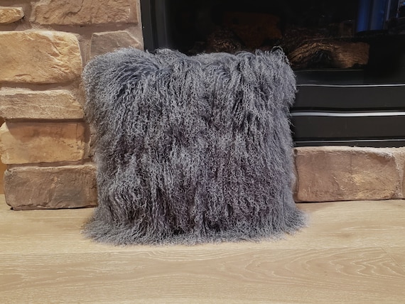 24x24 Mongolian Lamb Fur Pillow Charcoal Tibetan Sheepskin