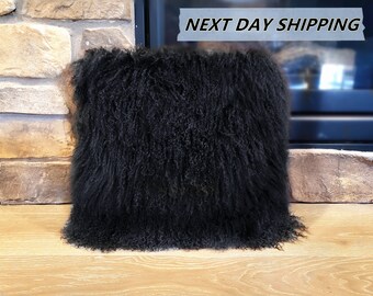 18"x18" Mongolian Lamb Fur Pillow Black, Tibetan Sheepskin Pillows, Curly Fur Decorative Fur Pillows, Home Decor, Gift For Her, Holiday