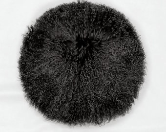 16" Round Mongolian Lamb Fur Pillow Black / Tibetan Sheepskin Pillows / Decorative Fur Pillows / Home Decor / Curly Fur Pillows