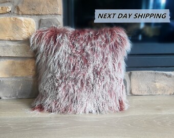 18"x18" Mongolian Lamb Fur Pillow Mocha Frost / Tibetan Sheepskin Pillows / Decorative Fur Pillows / Home Decor / Curly Fur Pillows