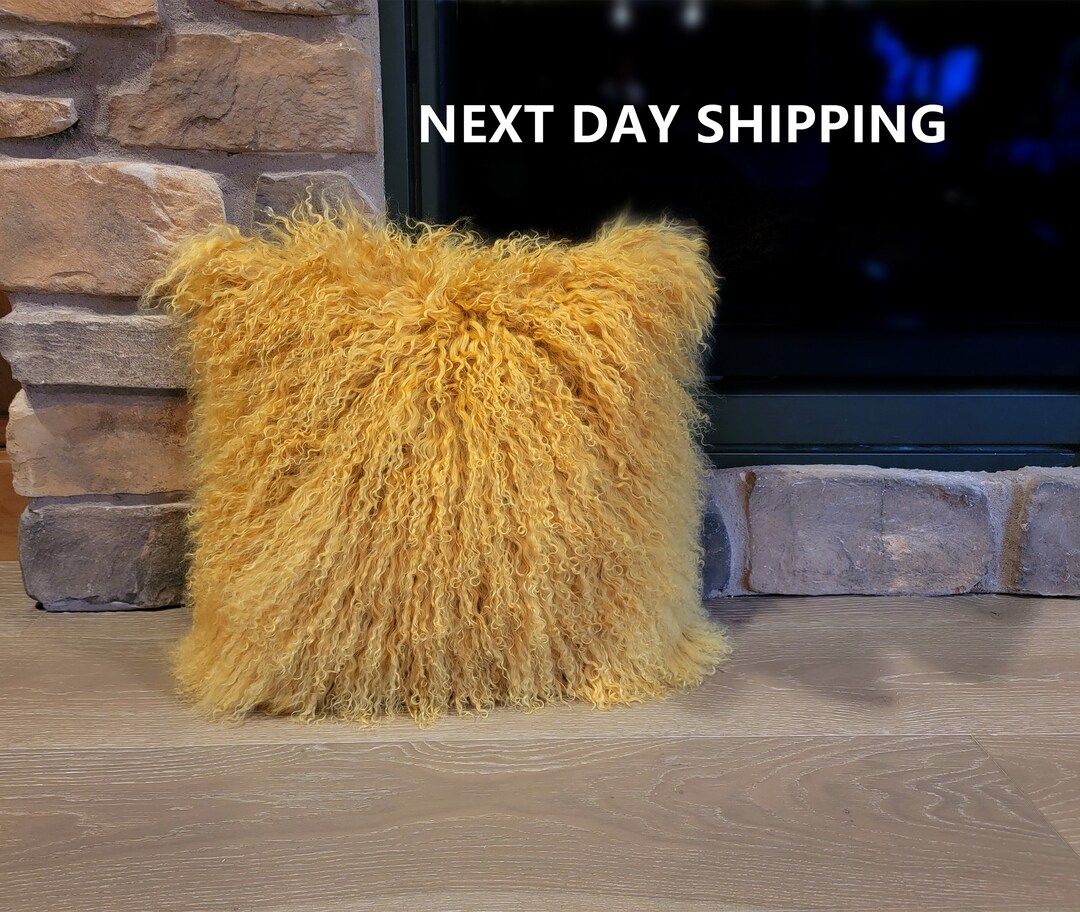 24x24 Mongolian Lamb Fur Pillow Gold / Tibetan Sheepskin Pillows