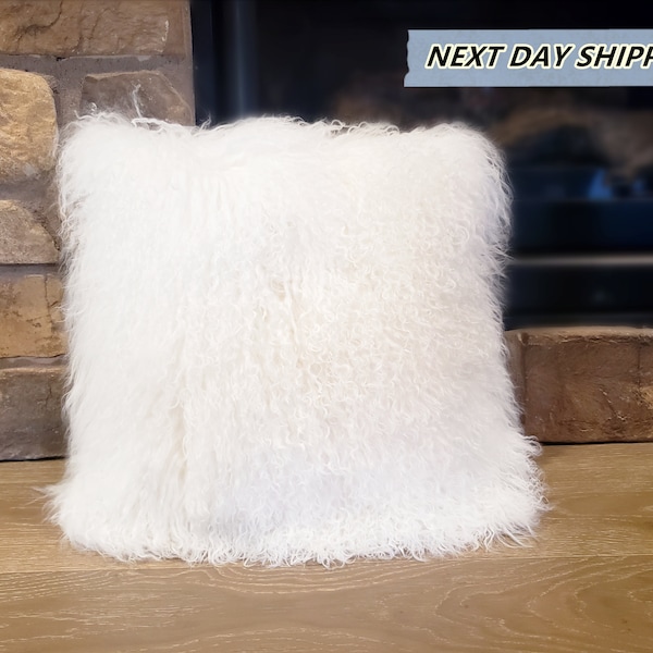 DOUBLE SIDED 24"x24" Mongolian Lamb Fur Pillow Bleached White / Tibetan Sheepskin Pillows / Decorative Fur Pillows / Home Decor / Curly Fur