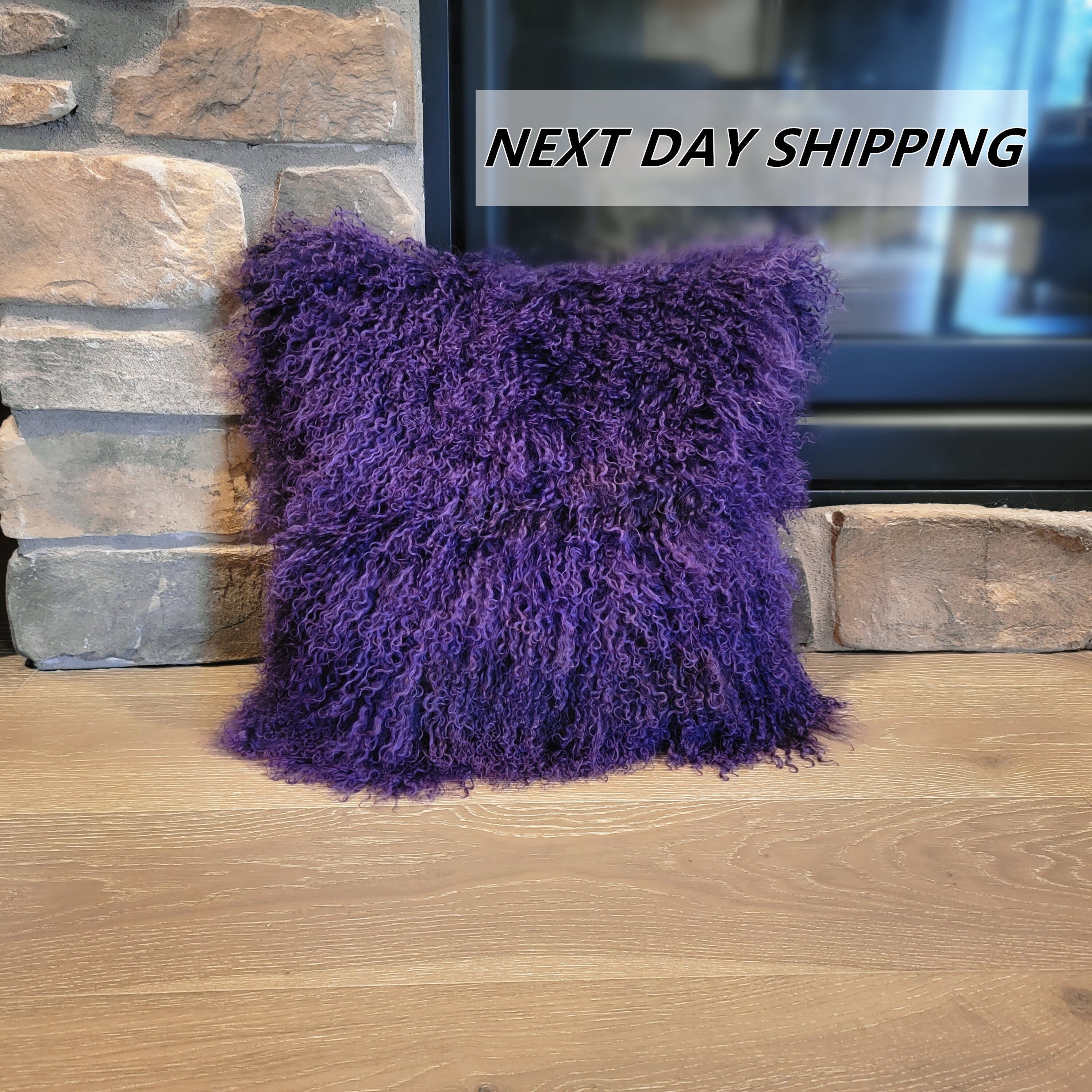Lupine Purple Mongolian Tibetan sheepskin fur Pillow / Cushion