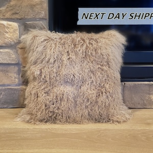 20"x20" Mongolian Lamb Fur Pillow Dark Beige / Tibetan Sheepskin Pillows / Decorative Fur Pillows / Home Decor / Curly Fur Pillows