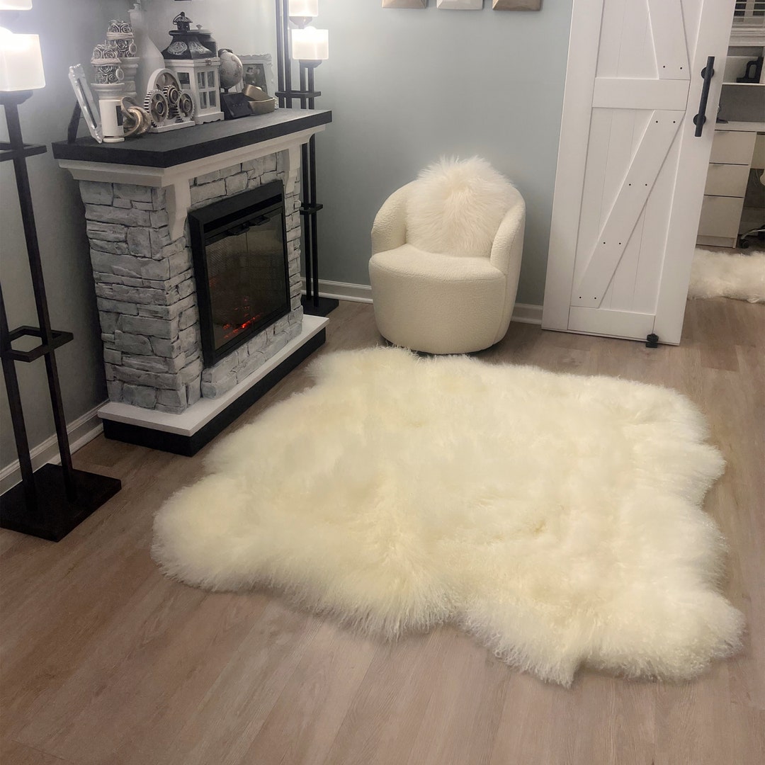 4'x4' Tibetan Mongolian Lamb Fur Rug Natural White Organic Shape ...