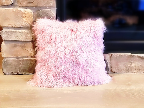 18x18 Mongolian Lamb Fur Pillow Light Pink Tibetan Sheepskin