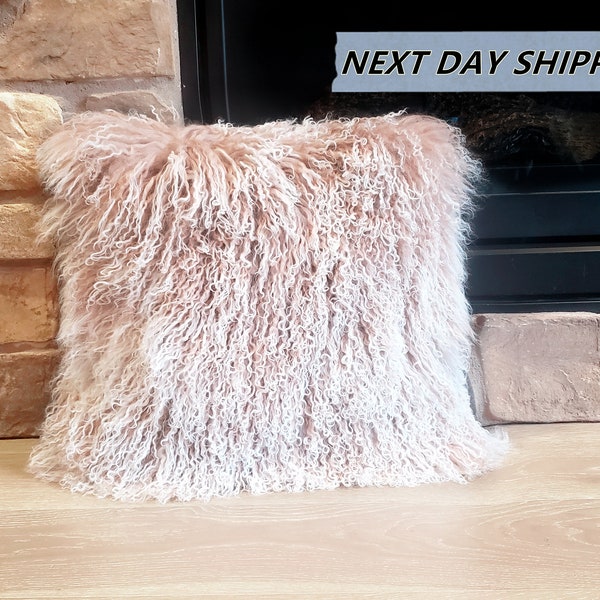 18"x18" Mongolian Lamb Fur Pillow Tan Frost / Tibetan Sheepskin Pillows / Decorative Fur Pillows / Home Decor / Curly Fur Pillows