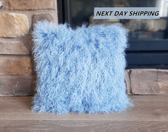 20x20 Mongolian Lamb Fur Pillow Light Blue Tibetan Sheepskin