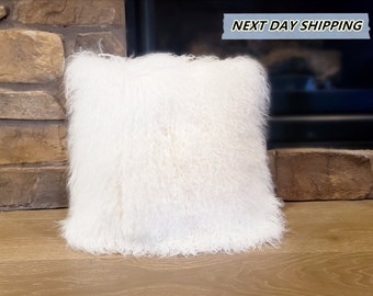 20"x20" Mongolian Lamb Fur Pillow Bleached White / Tibetan Sheepskin Pillows / Decorative Fur Pillows / Home Decor / Curly Fur Pillows