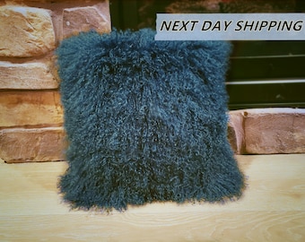 18"x18" Mongolian Lamb Fur Pillow Teal / Tibetan Sheepskin Pillows / Decorative Fur Pillows / Home Decor / Curly Fur Pillows / Gift For Her