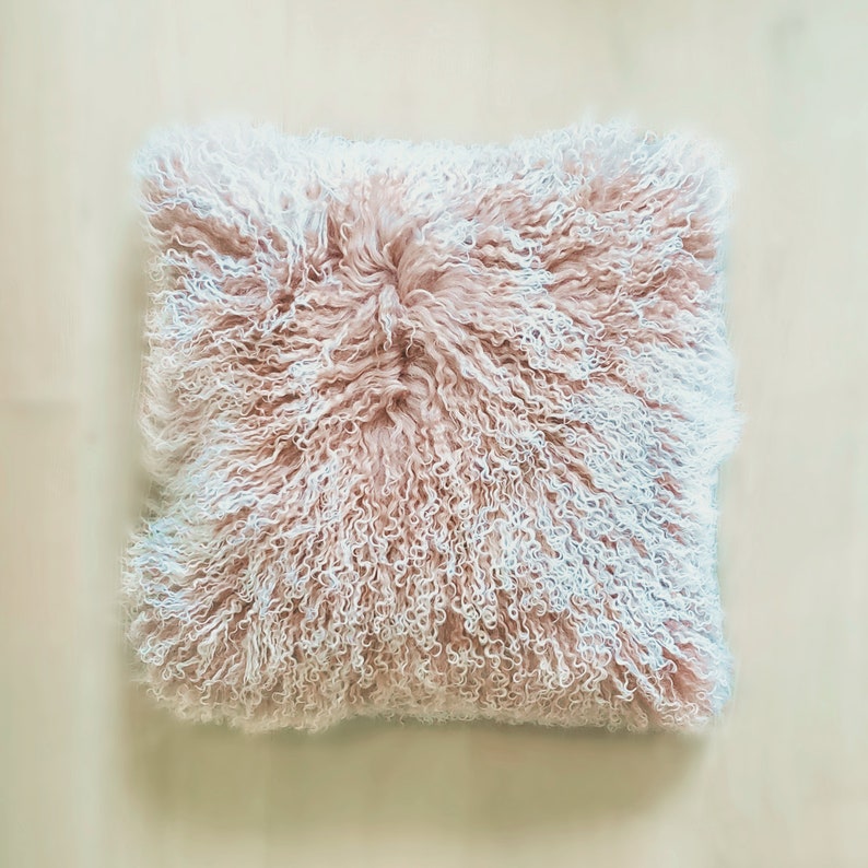 20x20 Mongolian Lamb Fur Pillow Tan Frost / Tibetan Sheepskin Pillows / Decorative Fur Pillows / Home Decor / Curly Fur Pillows image 2