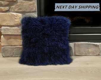 20"x20" Mongolian Lamb Fur Pillow Navy Blue / Tibetan Sheepskin Pillows / Decorative Fur Pillows / Home Decor / Curly Fur Pillows